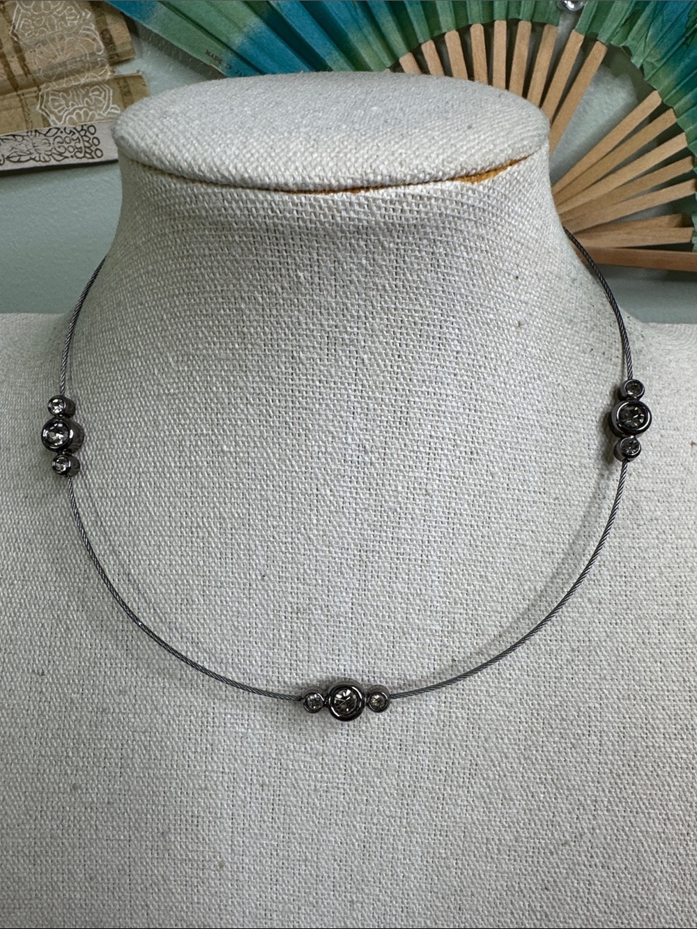 Silver Tone Wire Choker Necklace with Smokey Crystal Accents